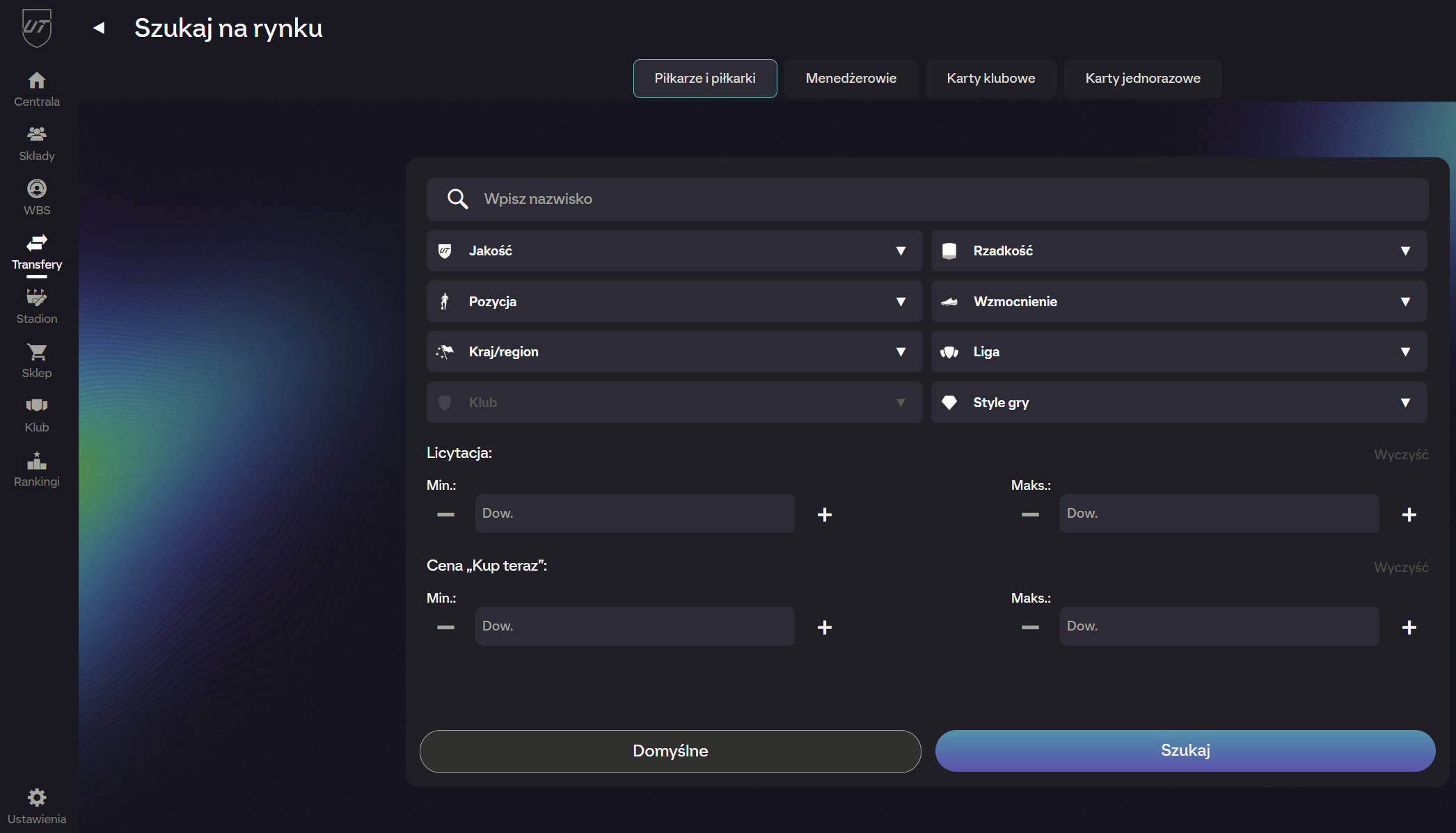Ekran wyszukiwania na rynku transferowym w WebApp EA