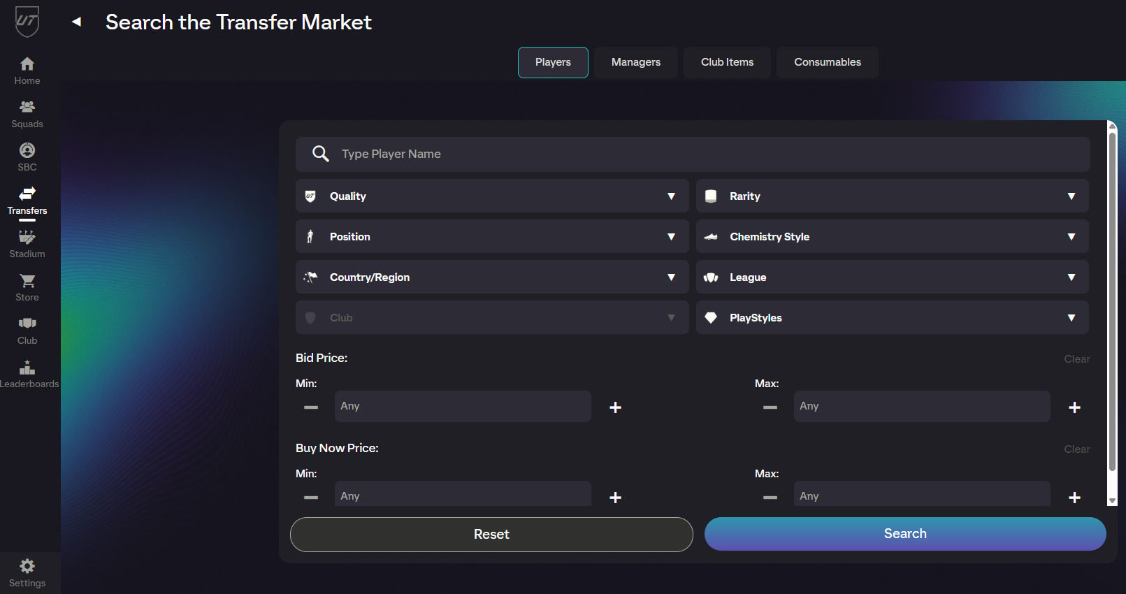 Transfer Market search screen in the EA WebApp