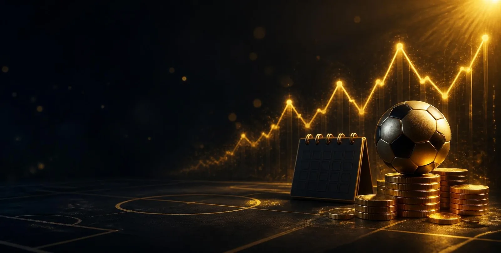 Goldener Preischart, Kalender und ein Fußball auf gestapelten Coins