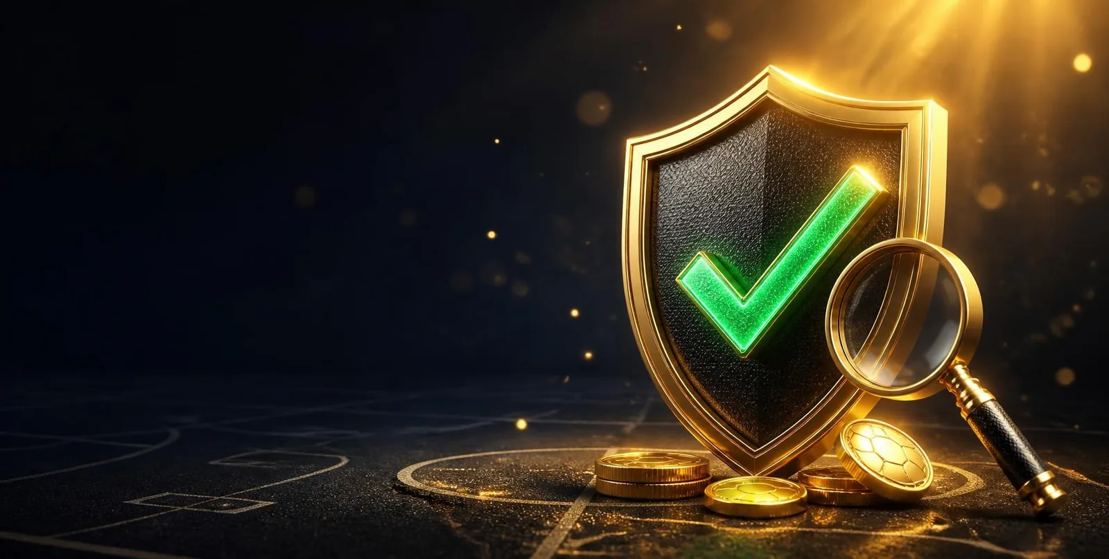 Golden shield with a green check mark and a magnifying glass