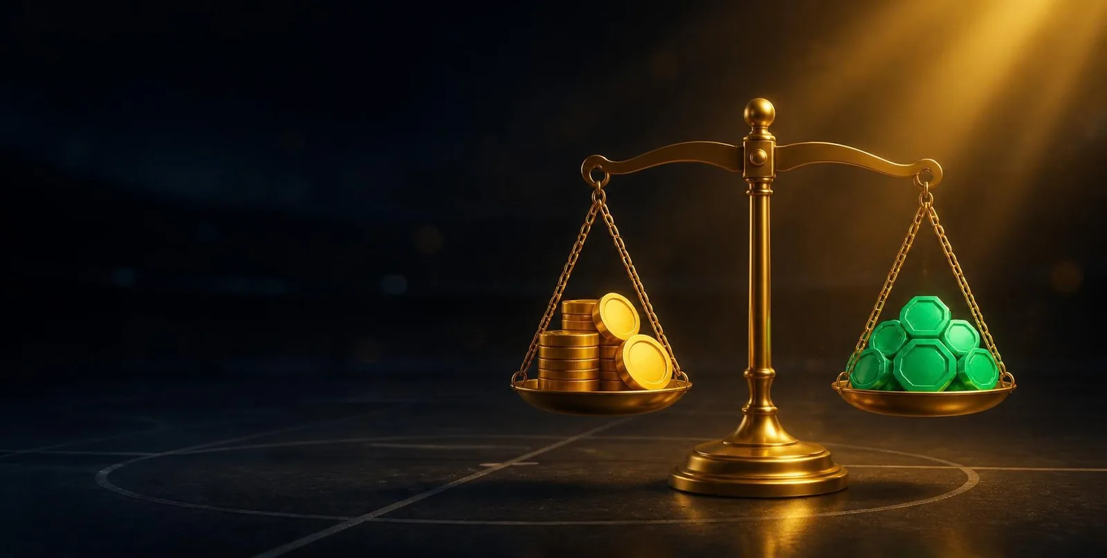 Goldene Coins und grüne Tokens auf einer Waage