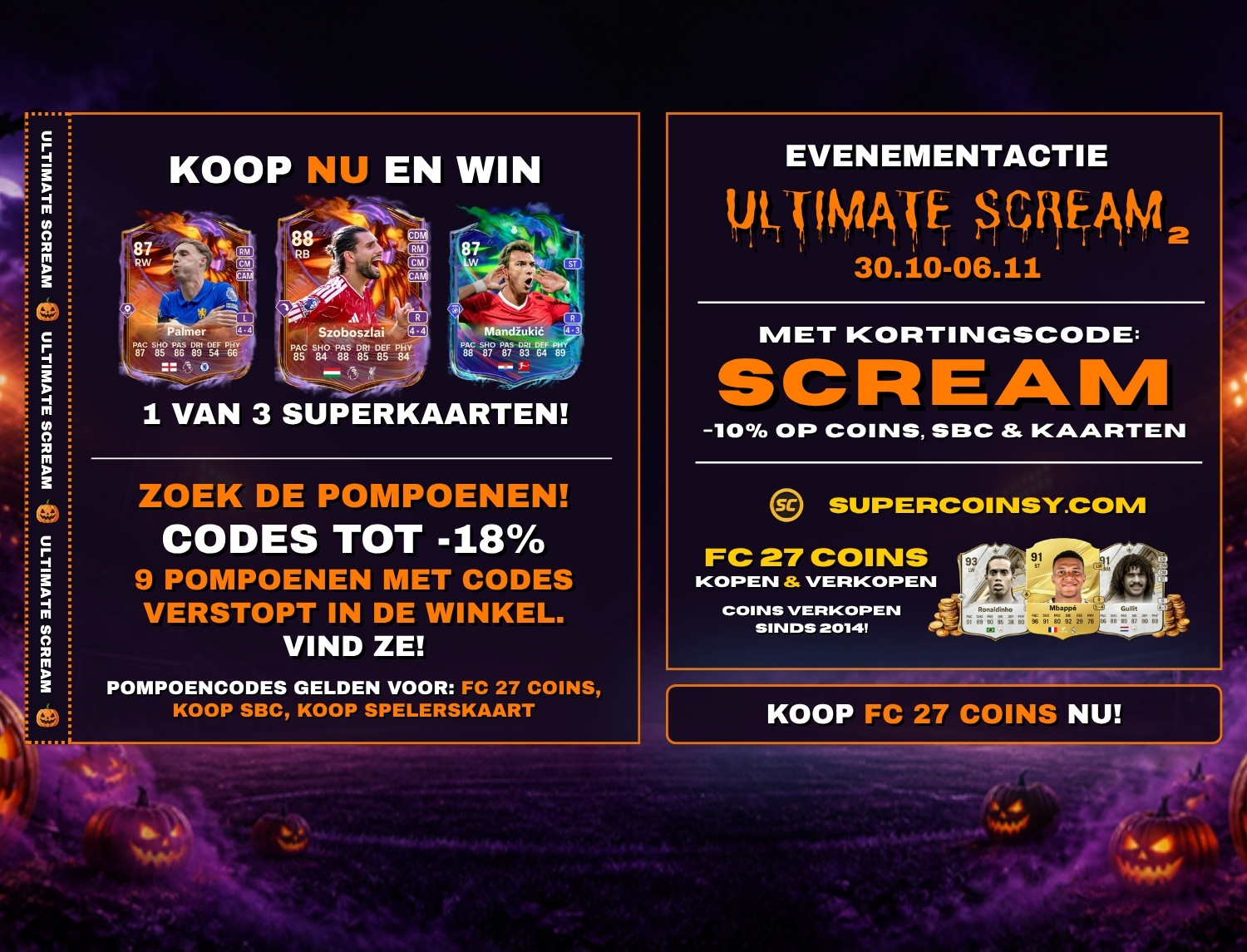 ULTIMATE SCREAM Actie deel 2: kaarten te winnen, 9 nieuwe pompoencodes & FC 27 Coins -10%