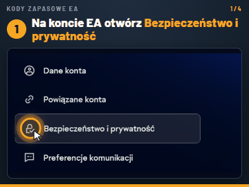 Kody zapasowe EA w 4 krokach: Bezpieczeństwo i prywatność, Uwierzytelnianie dwuetapowe, Wyświetl kody zapasowe, skopiuj wszystkie 6 kodów